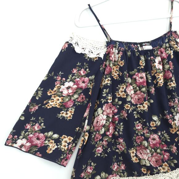 Fashion Magazine Blouse Women L Navy Floral Off Shoulder Lace Trim Boho Fairy - Picture 7 of 9